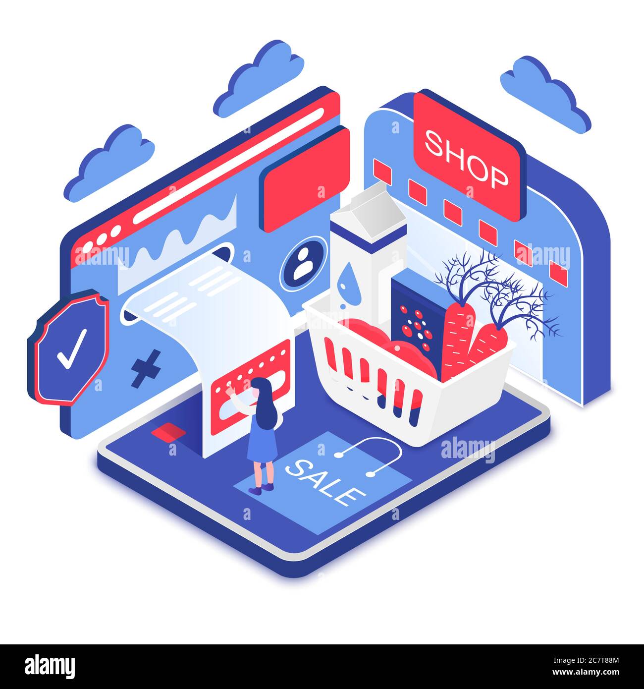 Sicheres Online-Shopping isometrische Vektor-Illustration. Digitale Plattform für Internet-Shop. Lebensmittel mit Kreditkarte kaufen. Drahtlose Bezahlung für Waren. E-Commerce Cartoon konzeptionelle Gestaltung Stock Vektor