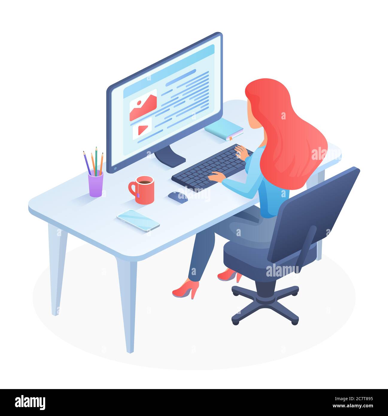 Programmierung isometrische Frau Vektor Illustration. Eine Coderin sitzt neben dem Schreibtisch. Javascpirt Kurs Ausbildung. Hacker-Arbeitsplatz. QA-Ausbildung und berufliche Laufbahn. Entwickler Cartoon-Figur Stock Vektor