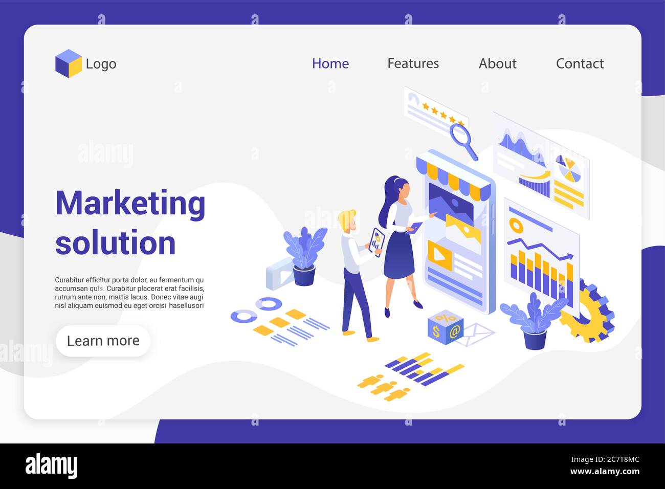 Marketinglösung – isometrische Vorlage für Landing Page-Vektor. Analytics-Abteilung, Geschäftsmann und Geschäftsfrau gesichtslose Zeichen. Produktförderung, Marktanalyse Web-Banner Homepage Design Layout Stock Vektor