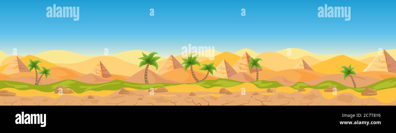 Ägyptische Wüste Panoramablick Cartoon Vektor Illustration Landschaft, Banner. Breites Panorama Sand Wüste Hintergrund, heißes Wetter, Sanddünen, Pyramiden, Palmen Spiel-Stil Stock Vektor