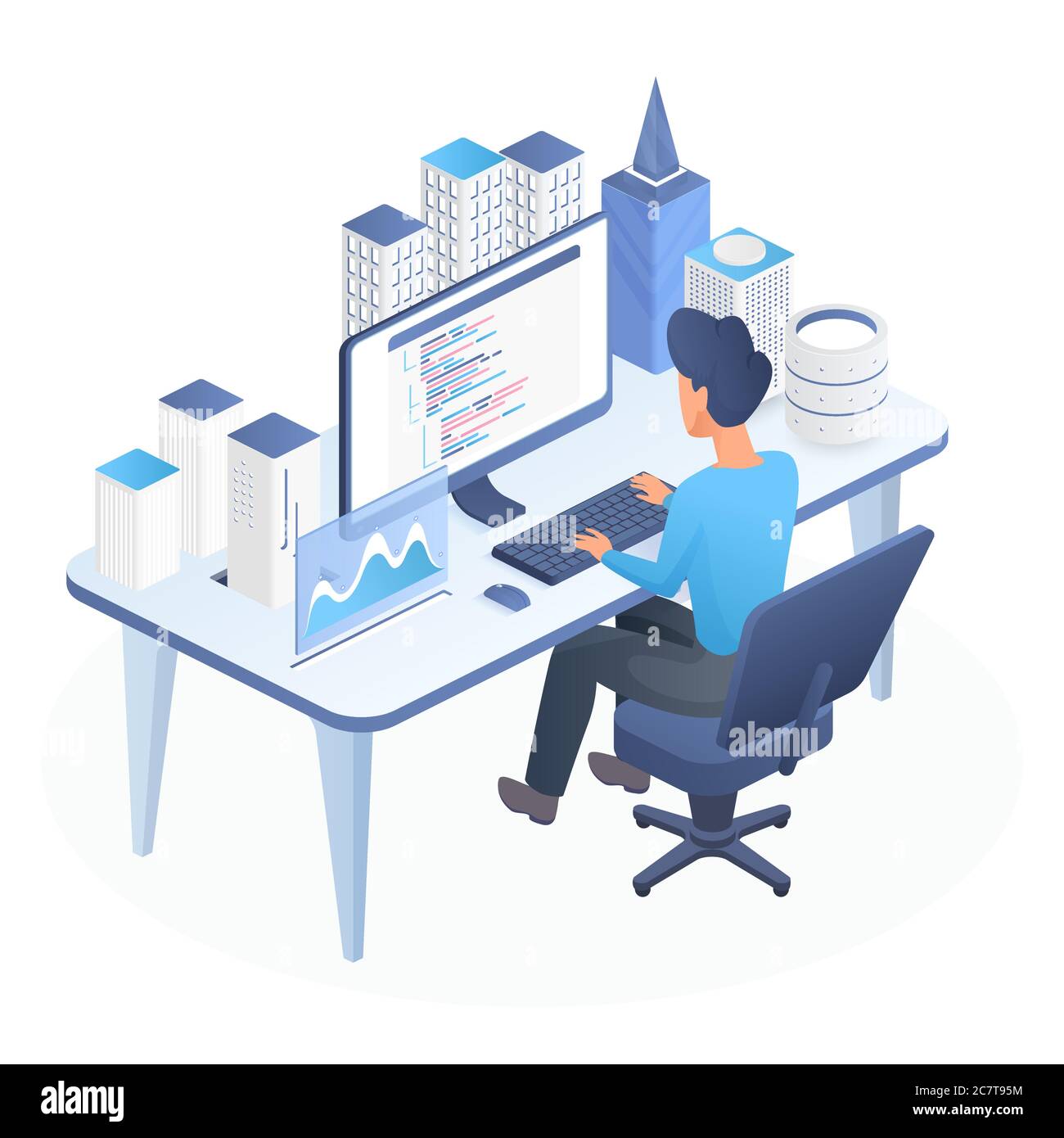 Smart City Programmierung isometrische Vektor-Illustration. Innovative Technologieentwicklung. Informatik und Web-Codierung. Männlicher Programmierer, der neben dem Schreibtisch arbeitet. Design-Element Internet der Dinge Stock Vektor