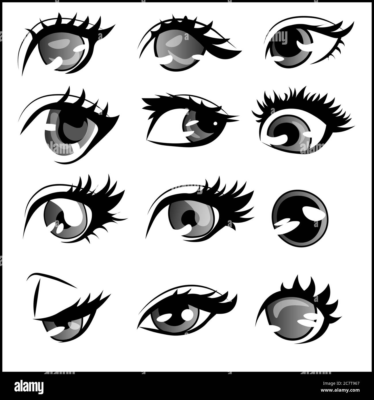 Verschiedene Stile und Formen von Anime Augen, Element Pack. Satz von zwölf Okularzeichnungen. Stock Vektor