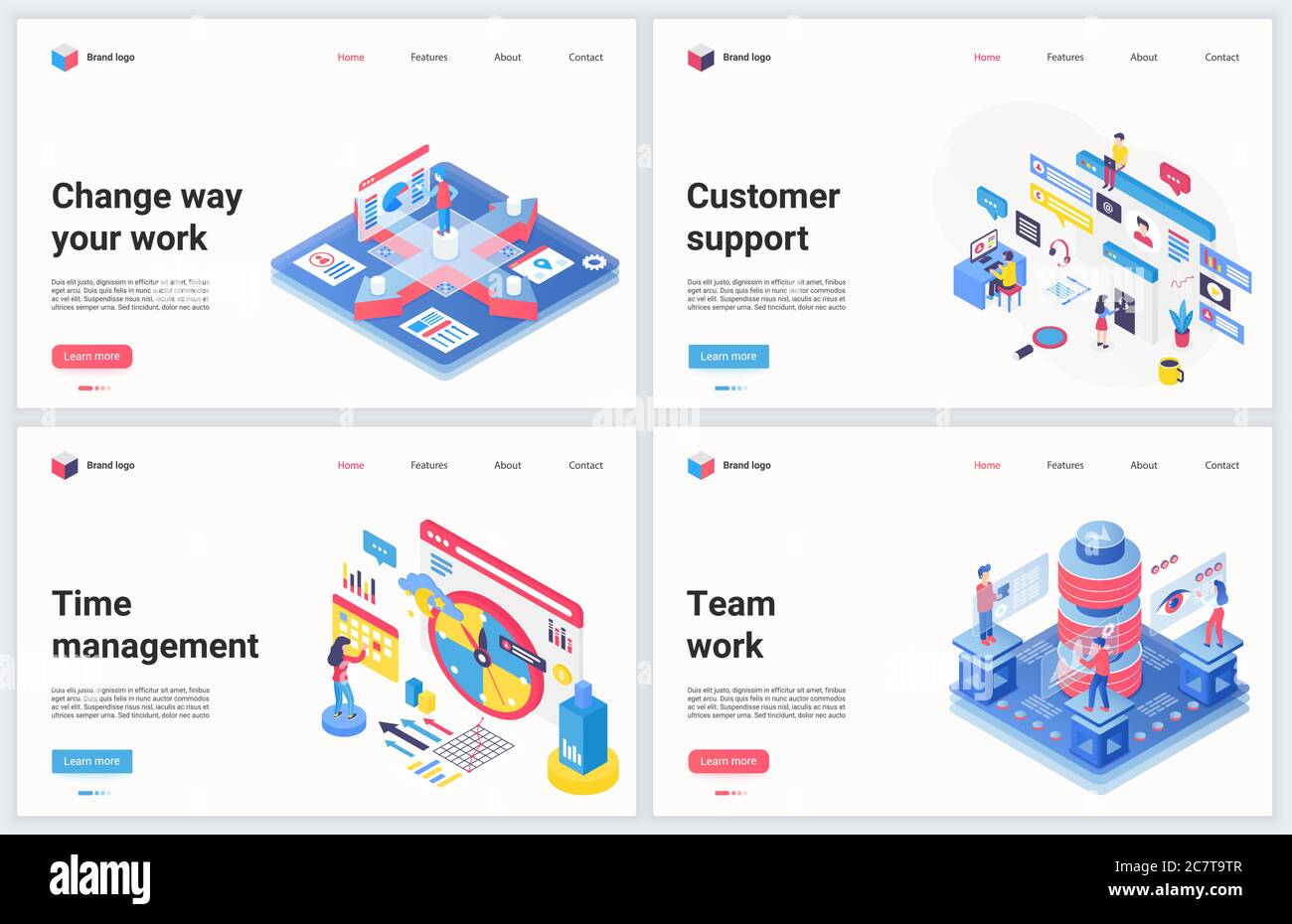 Isometrische Arbeitstechnologie Optimierung Vektor Illustration. Kreatives Konzept Banner-Set, Interface-Webseitendesign mit Cartoon 3d erfolgreiche Business-Teamarbeit und Optimierung Zeitmanagement-Strategie Stock Vektor