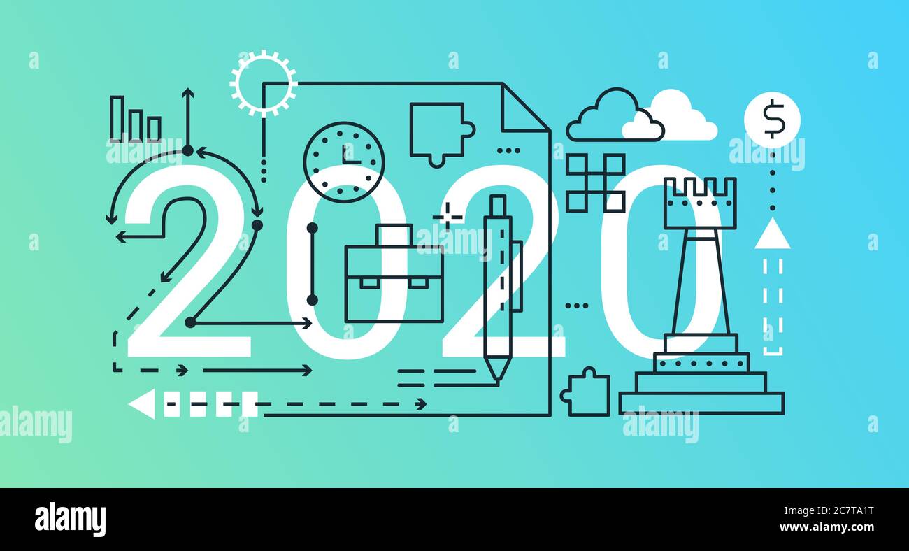 Business Thin Line Konzept Vektor-Illustration. Website-Schnittstelle kreative lineare Design mit abstrakten flachen 2020 Wort, Symbole der Unternehmensstrategie, Entwicklungsprozess, Investitionsplanung Stock Vektor