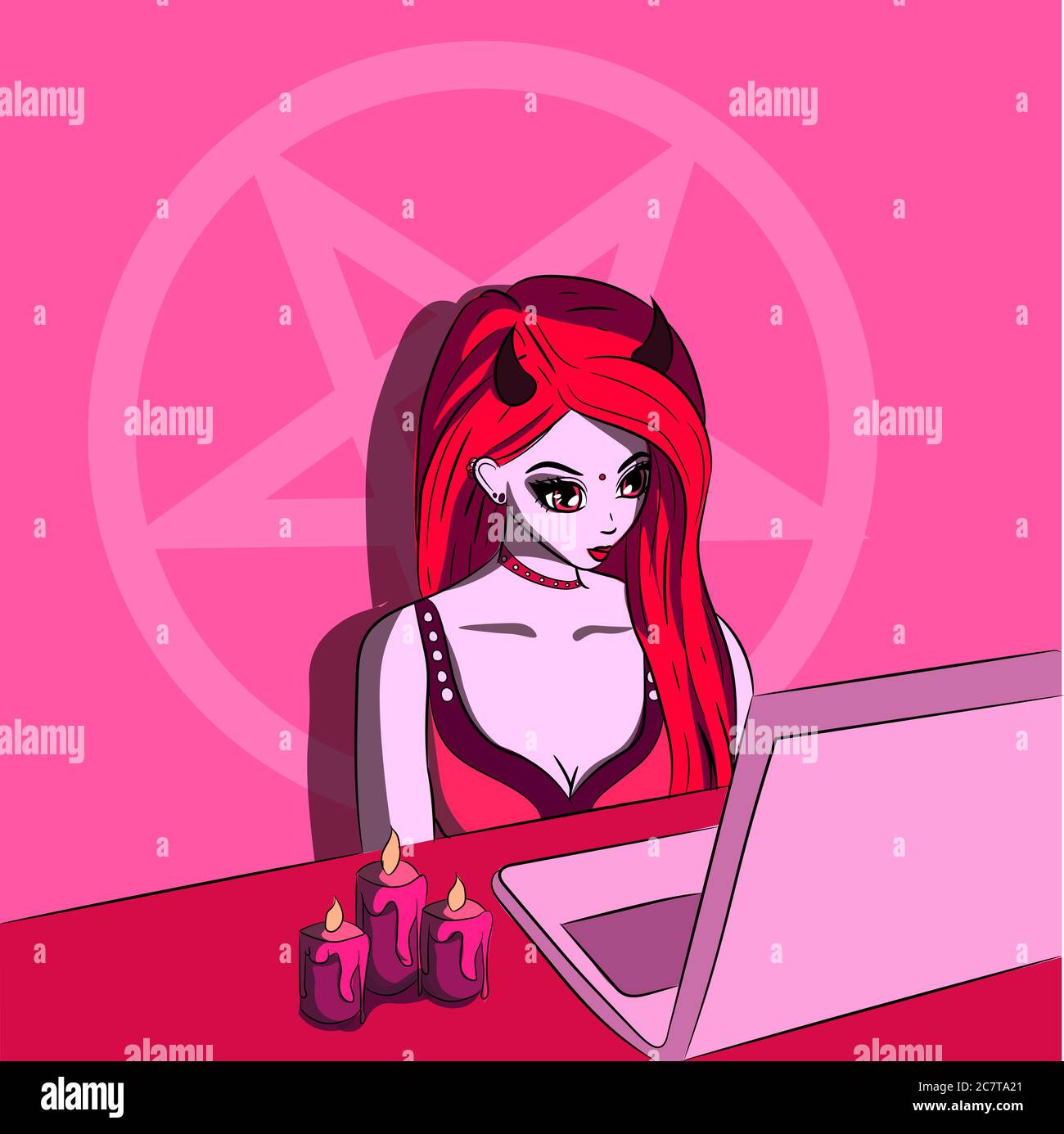 Pink Succubus beim Ansehen von Filmen auf dem Laptop. Neon und UV dämonische Frau mit einem okkulten Pentagramm auf dem Hintergrund und Kerzen auf dem Tisch. Stock Vektor