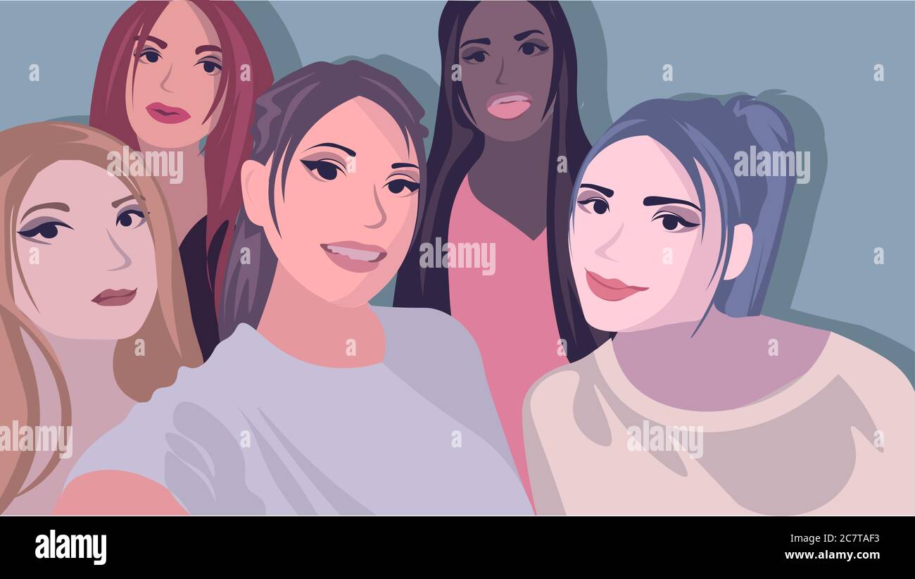Flache Illustration mit fünf Mädchen, die ein Selfie. Gemischte Rassen und kulturelle Vielfalt, Freundschaftskonzept. Stock Vektor