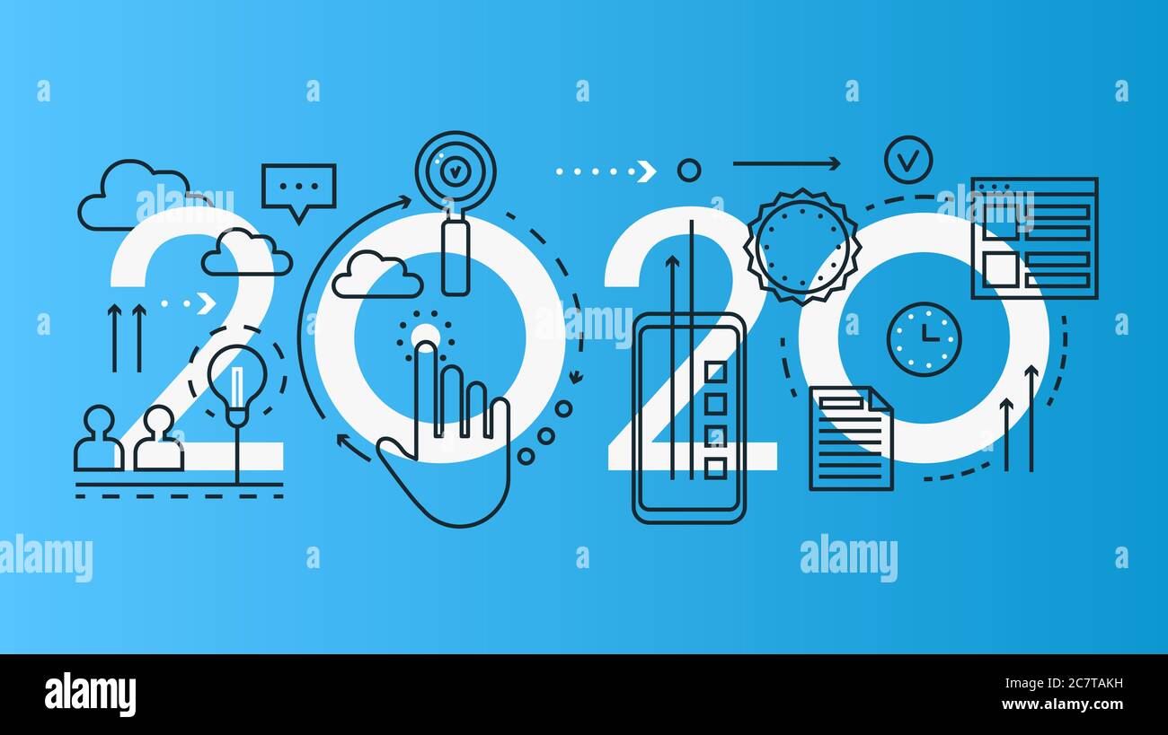 Innovation Thin Line Konzept Vektor Illustration. Website-Interface kreatives Design mit abstrakten flachen 2020-Wort, innovative neue Ideen Elemente, moderne Startup-Business-Technologie und Lösungen Stock Vektor