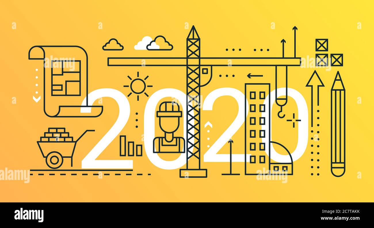 Konstruktion Technik dünne Linie Konzept Vektor Illustration. Website Interface kreatives lineares Design mit abstrakten flachen 2020 Wörtern, moderne Architekturplanungssymbole, Konstruktionstechnik Stock Vektor