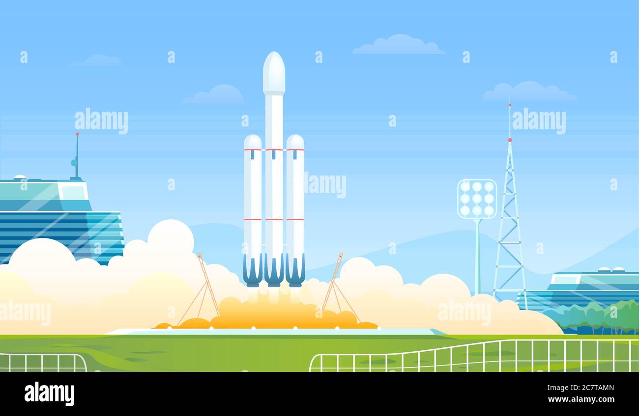 Abbildung des Raketenvektors starten. Cartoon flache Forschung Shuttle, schwere Raketenträger Start, Raumschiff-Station oder Raumschiff Start auf der Erdumlaufbahn für die Erforschung des Weltraumes Hintergrund Stock Vektor Abbildung des Raketenvektors starten. Cartoon flache Forschung Shuttle, schwere Raketenträger Start, Raumschiff-Station oder Raumschiff Start auf der Erdumlaufbahn für die Erforschung des Weltraumes Hintergrund Stock Vektor