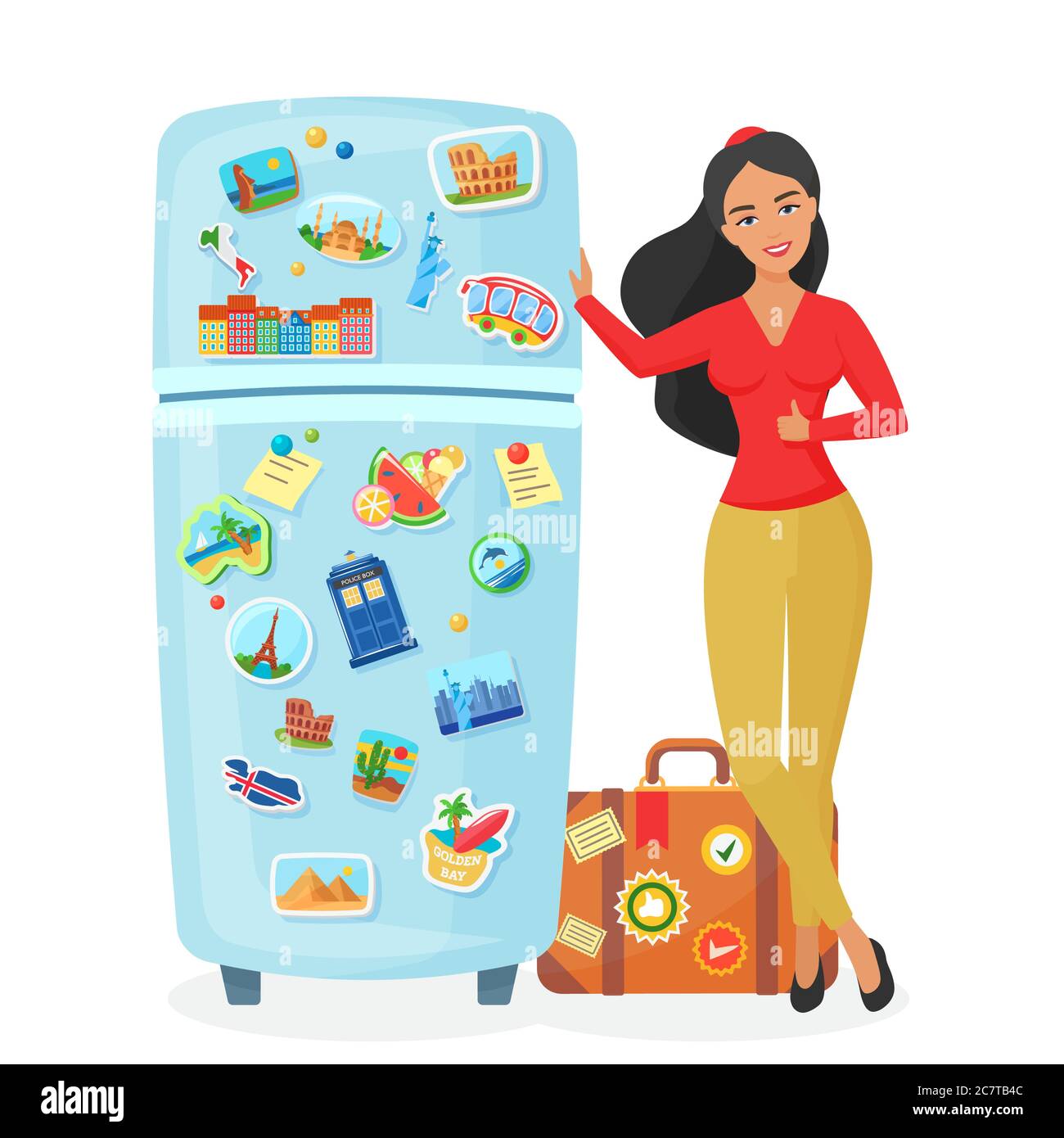 Reisende junge hübsche Frau zeigt Kühlschrank mit Souvenir berühmten Orten Magnete flache Vektor-Illustration. Reisebüro-Konzept. Stock Vektor