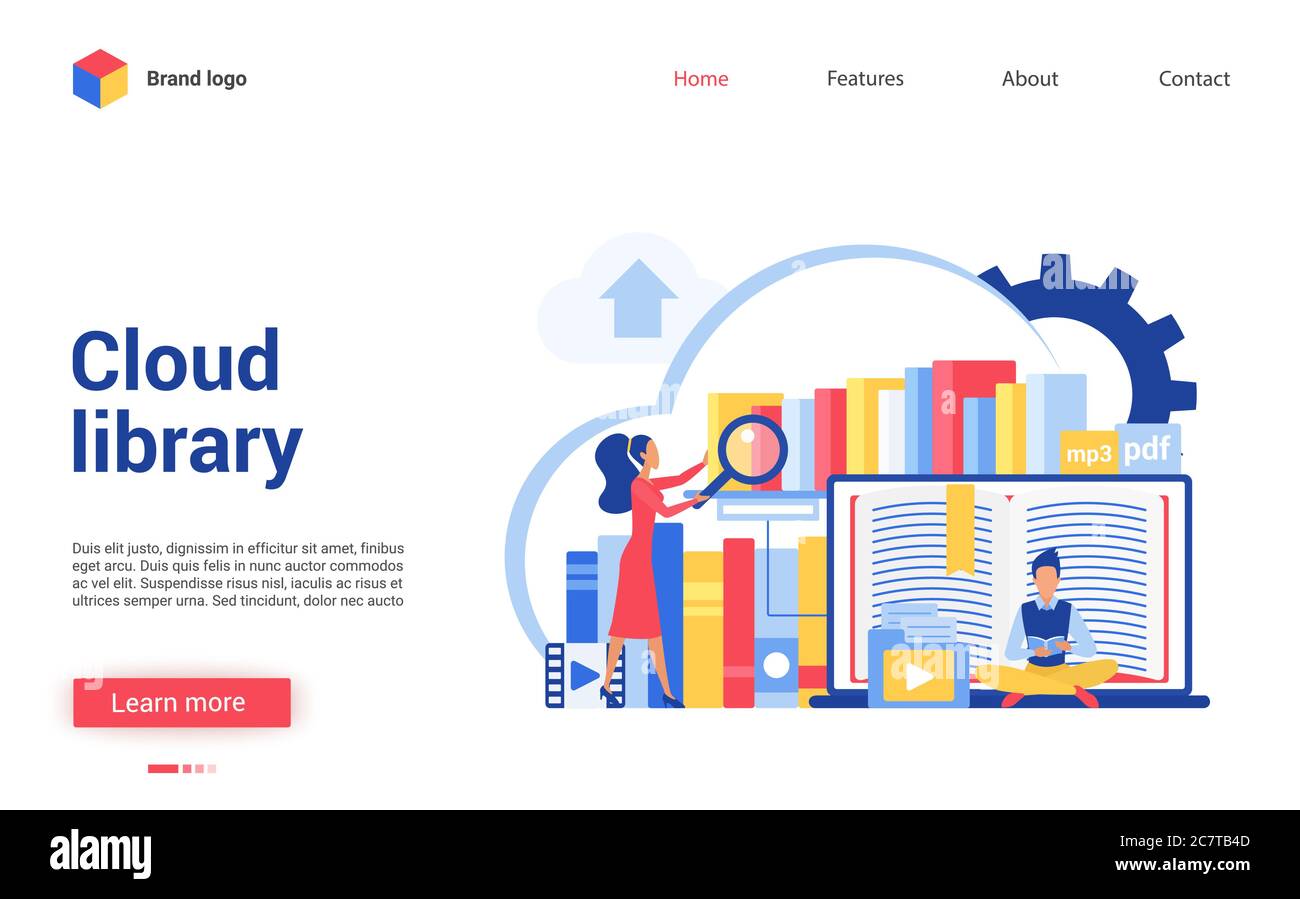 Vektorgrafik der Cloud-Bibliothek. Cartoon Wohnung winzige Menschen lesen Online-Bücher, lernen Daten Informationen. Interface Website Design für digitale Dateibibliothek, mobile Bildung, Web-Datenbank-Speicher Stock Vektor