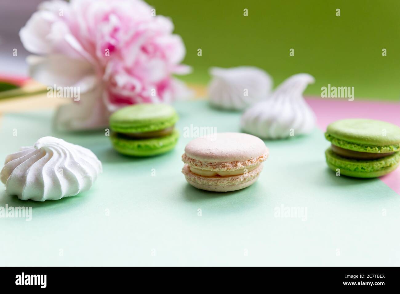 Eine französische süße Delikatesse, bunte Makronen Varietät Nahaufnahme mit Blumen auf weißem Hintergrund. Leckere Makronen bunte Textur. Stockfoto