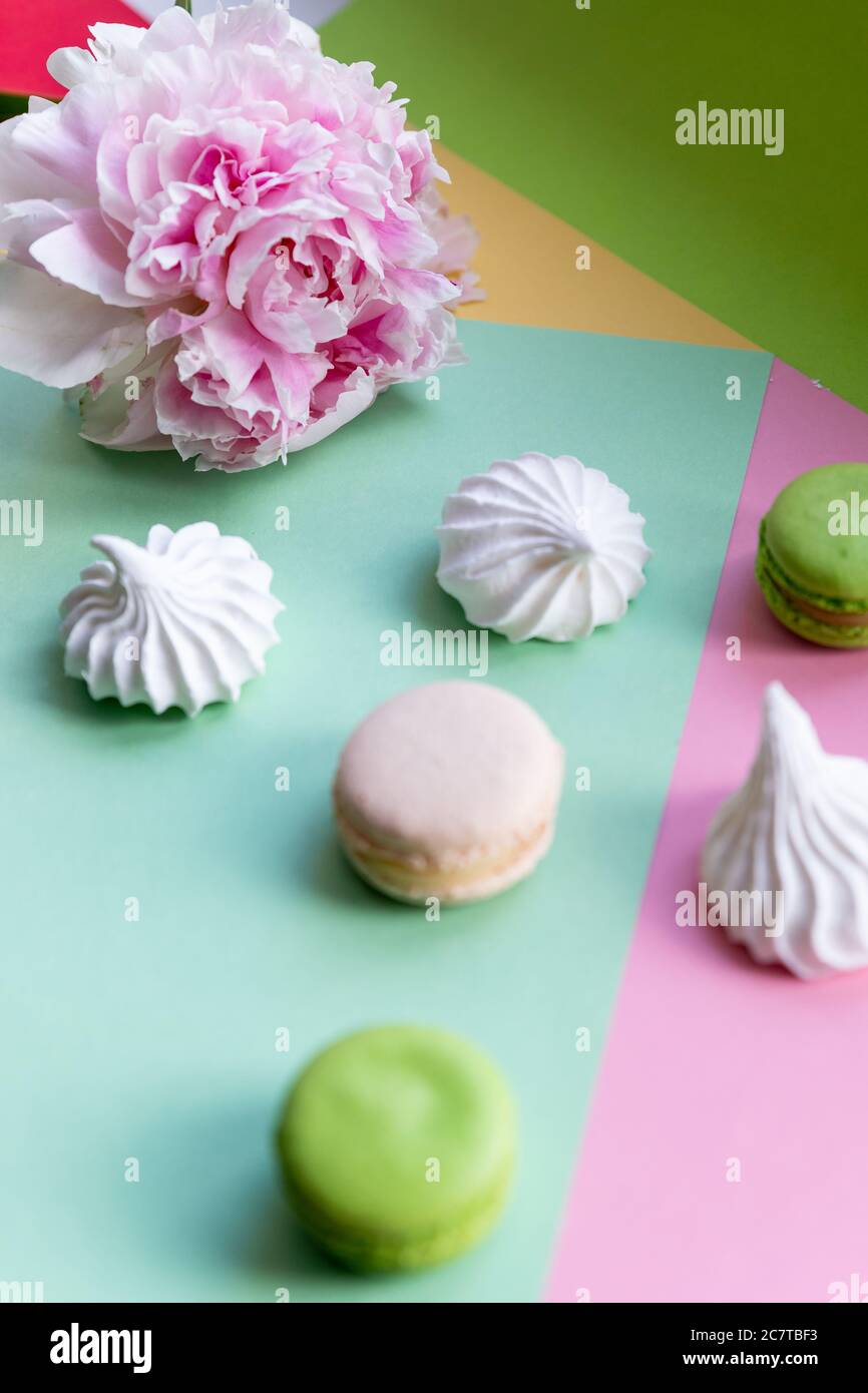 Eine französische süße Delikatesse, bunte Makronen Varietät Nahaufnahme mit Blumen auf weißem Hintergrund. Leckere Makronen bunte Textur. Stockfoto