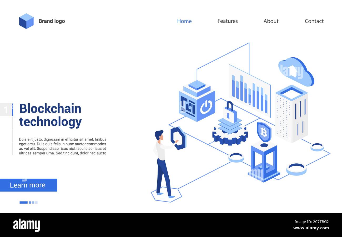 Isometrische Blockchain Krypto-Technologie Vektordarstellung. 3d Cartoon winzige Menschen arbeiten mit Blockchain, Geld verdienen Kryptowährungsanalyse, Handel oder Austausch Bitcoin Konzept Interface Website-Design Stock Vektor