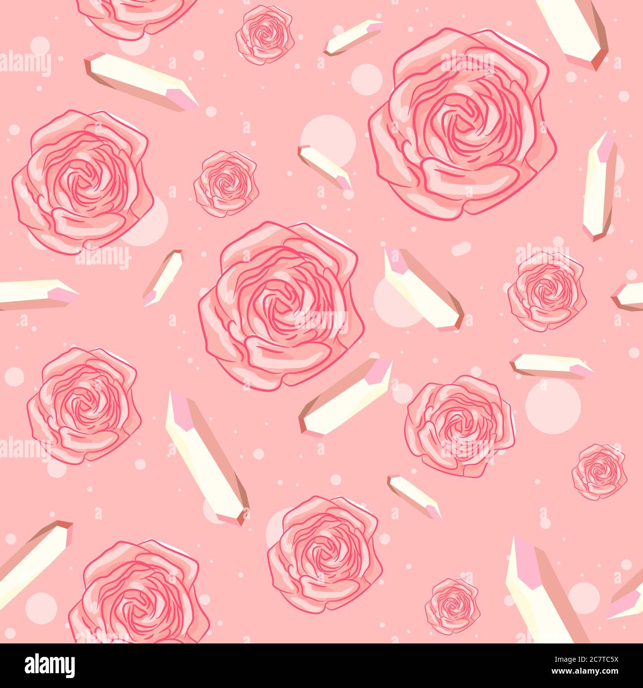 Rosen und Edelsteine Nahtloses Muster auf rosa Hintergrund. Blumen und kostbare Quarz repetitive Objekte. Stock Vektor