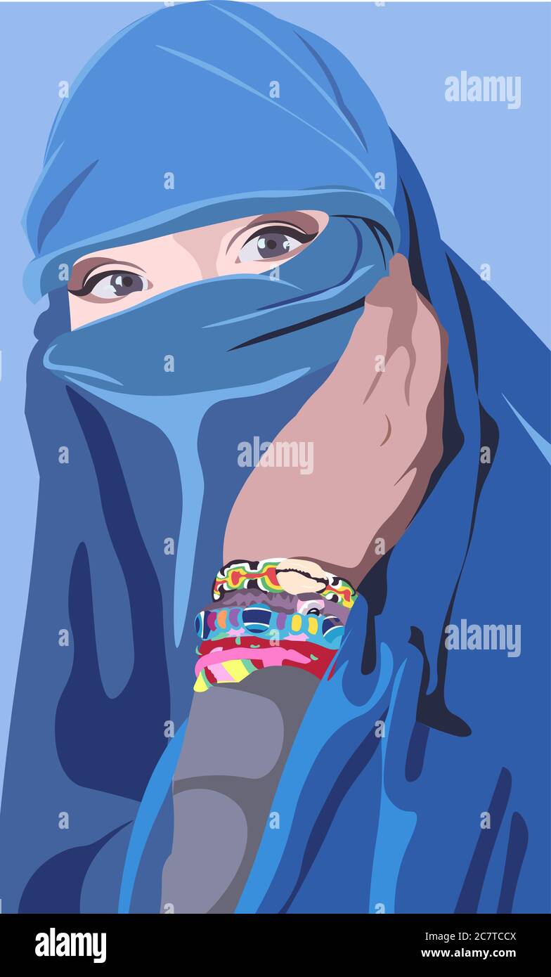 Bunte Vektor einer islamischen arabischen Frau trägt eine blaue Burka und böhmischen Armbänder. Mädchen mit schönen Augen bedeckt ihr Gesicht mit einem Schleier Stock Vektor