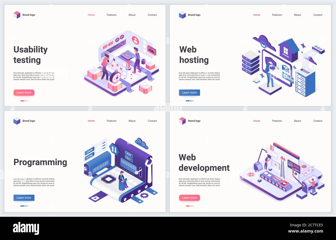 Web-Entwicklung und Programmierung Vektor Illustration. Modernes Konzept Interface-Design für mobile Website mit Cartoon 3d winzige Programmierer Entwickler Menschen arbeiten und testen Computerprogramm Stock Vektor