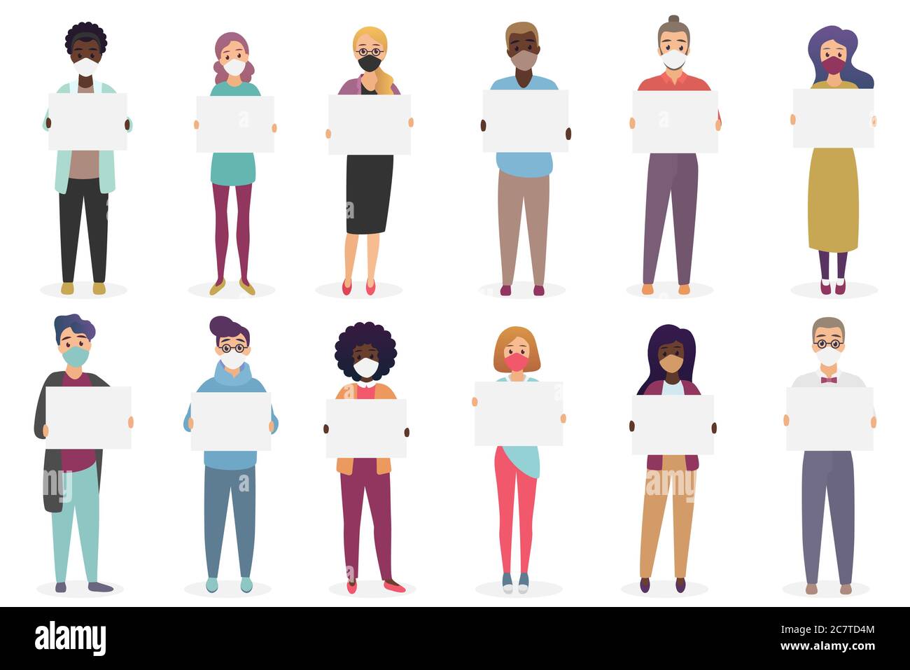 Gruppe von Menschen tragen schützende medizinische Masken, um Krankheiten, Coronavirus, Grippe, Luftverschmutzung, Coronavirus covid-19 Holding Demonstration leere leere Banner Plakate flache Vektor-Illustration zu verhindern. Stock Vektor Gruppe von Menschen tragen schützende medizinische Masken, um Krankheiten, Coronavirus, Grippe, Luftverschmutzung, Coronavirus covid-19 Holding Demonstration leere leere Banner Plakate flache Vektor-Illustration zu verhindern. Stock Vektor