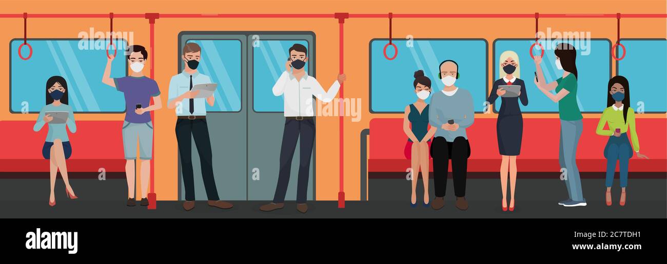 Menschen in medizinischen Masken in U-Bahn-flachen Zeichen Vektor-Illustration. Passagiere Männer und Frauen sitzen und stehen in der Metro, Blick auf verschiedene elektronische Geräte, Telefone, Tabletten Stock Vektor