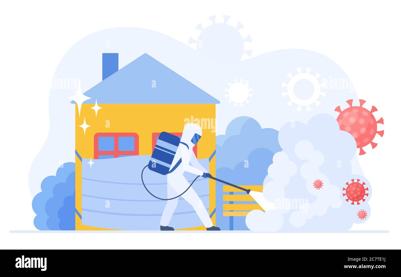 Mann medizinischen Wissenschaftler in voller Gefahrgut Anzug Desinfektion Stadt Straße aufgrund Coronavirus Pandemie flache Vektor Illustration. Corona Virus Reinigungs- und Desinfektionsdienst. Konzept der Epidemie covid-19 Stock Vektor