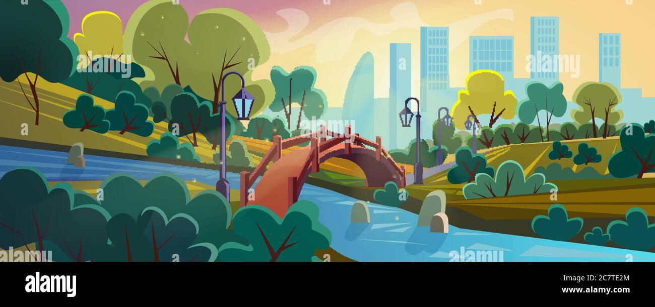 City Garden Wohnung Cartoon Hintergrund Panorama Vektor Illustration Landschaft. Grüne Zone, blauer Wasserfluss, schöne hölzerne Buckelbrücke im alten Stil, Laternen auf Säulen, Skyscrapper am Horizont Stock Vektor