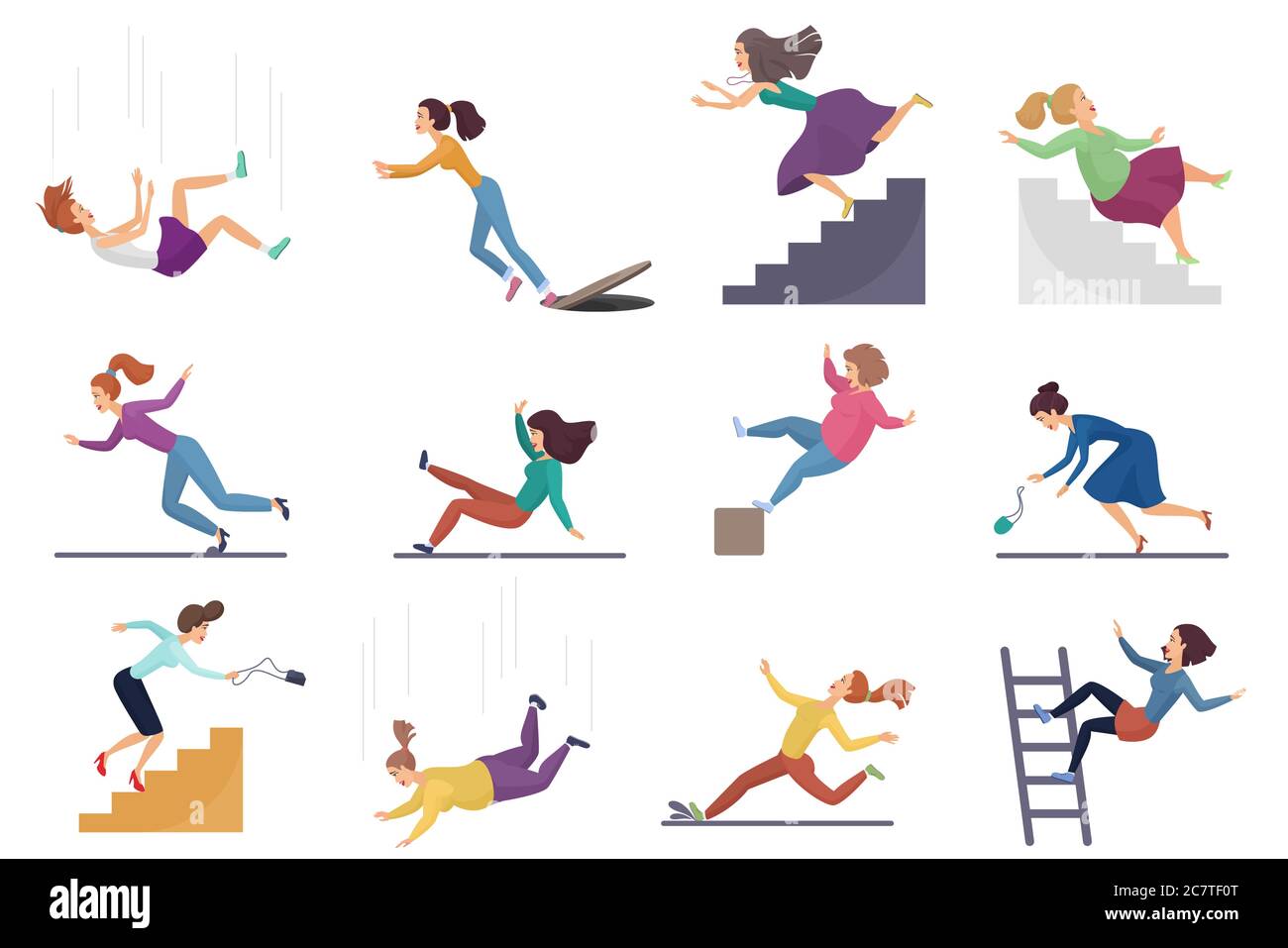 Set von Cartoon-Vektor verletzt weibliche Frau fallen die Treppe hinunter und über den Rand, Leiter, fallen aus der Höhe, nassen Boden fallen, stolpern auf der Kanalhalle, Stolpern auf Treppen isoliert Stock Vektor