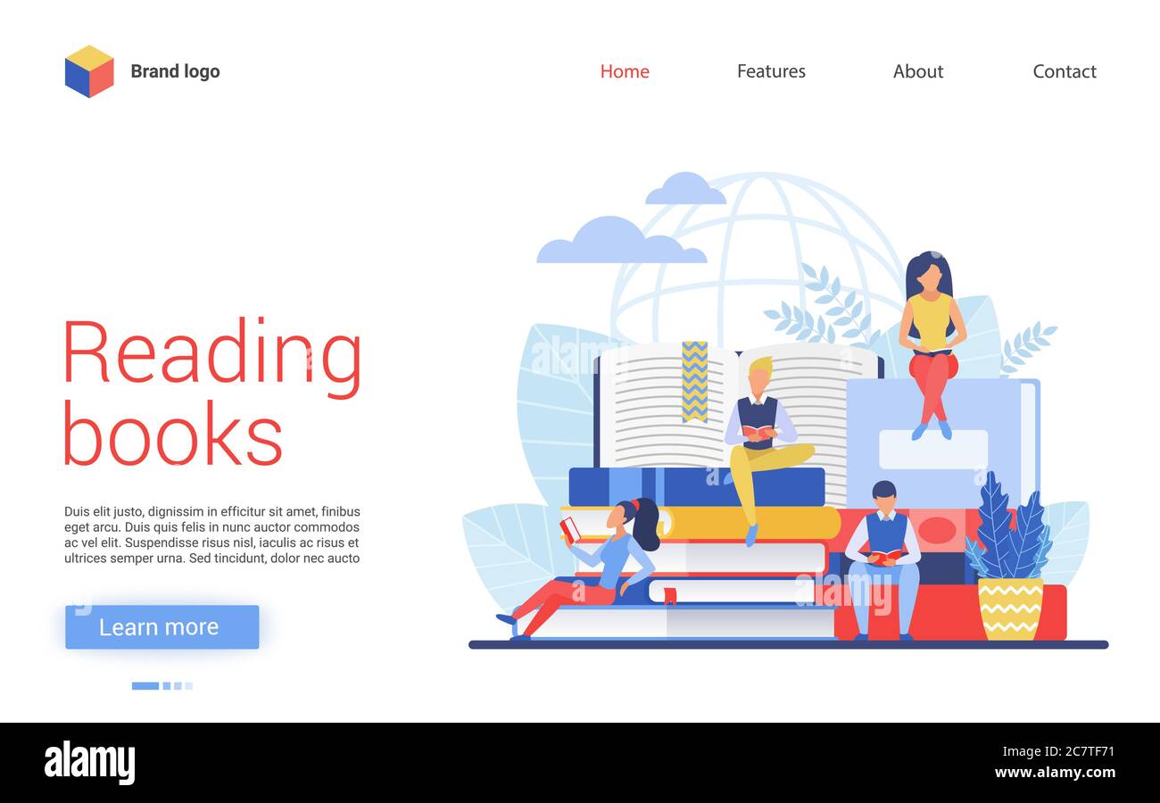 Menschen lesen Bücher Vektor Illustration. Cartoon Wohnung kleine Studentengruppe von Zeichen lesen, junge Leser studieren, sitzen auf Stapel von Büchern in der Universität oder Schulbibliothek. Design der Benutzeroberfläche Stock Vektor