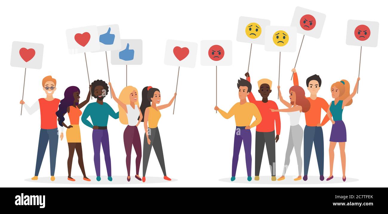 Menschen halten Emoji Emotionen Plakate flache Vektor-Illustration. Soziale Zufriedenheit und Schichtung Konzept. Wütend und glücklich Gruppen von Menschen Charaktere isoliert Stock Vektor