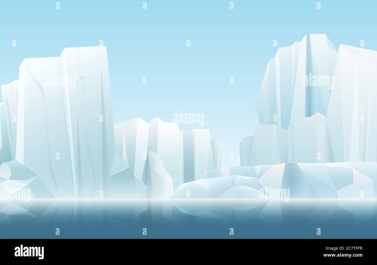 Cartoon weiche Farbe Natur Winter arktischen eisigen Nebel Landschaft mit kristallklaren Eisbergen und Schnee Berge Vektor-Illustration Stock Vektor