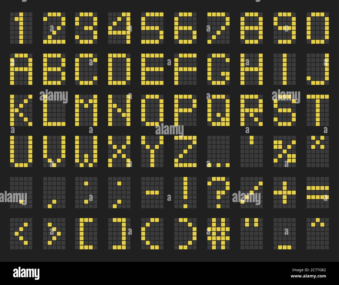 Stundenplan grün Alphabet Vorlage. LED-Anzeige Großbuchstaben, lectronic-Platine, Zahlen und Symbole. Digitale Vektorschriftart. Schrift im Stil eines Flughafenterminals Stock Vektor
