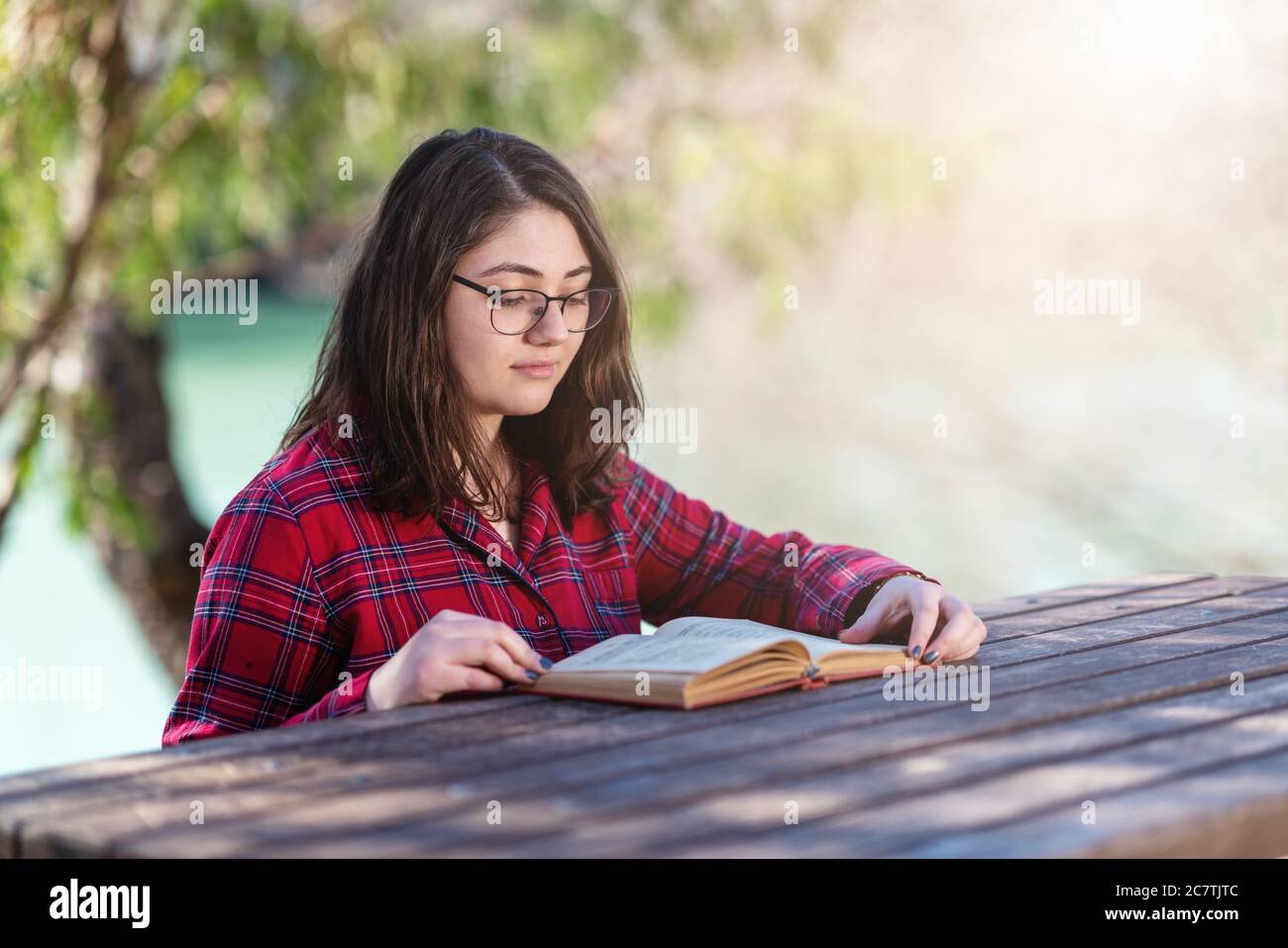 Intellektuelles junges Mädchen, das in einem Park sitzt und Buch liest oder mit Büchern studiert. Hochwertige Fotos Stockfoto