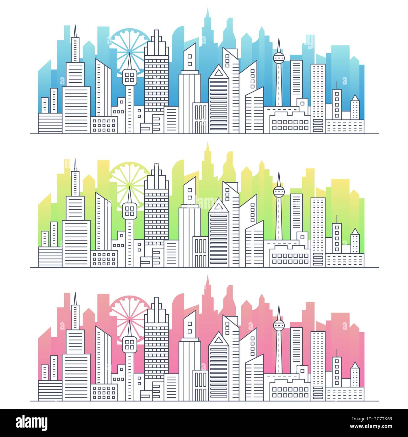 Moderne Linienkunst der modernen Großstadt Stadtbild Panorama mit Farbverlauf Wolkenkratzer Vektor-Illustration Stock Vektor