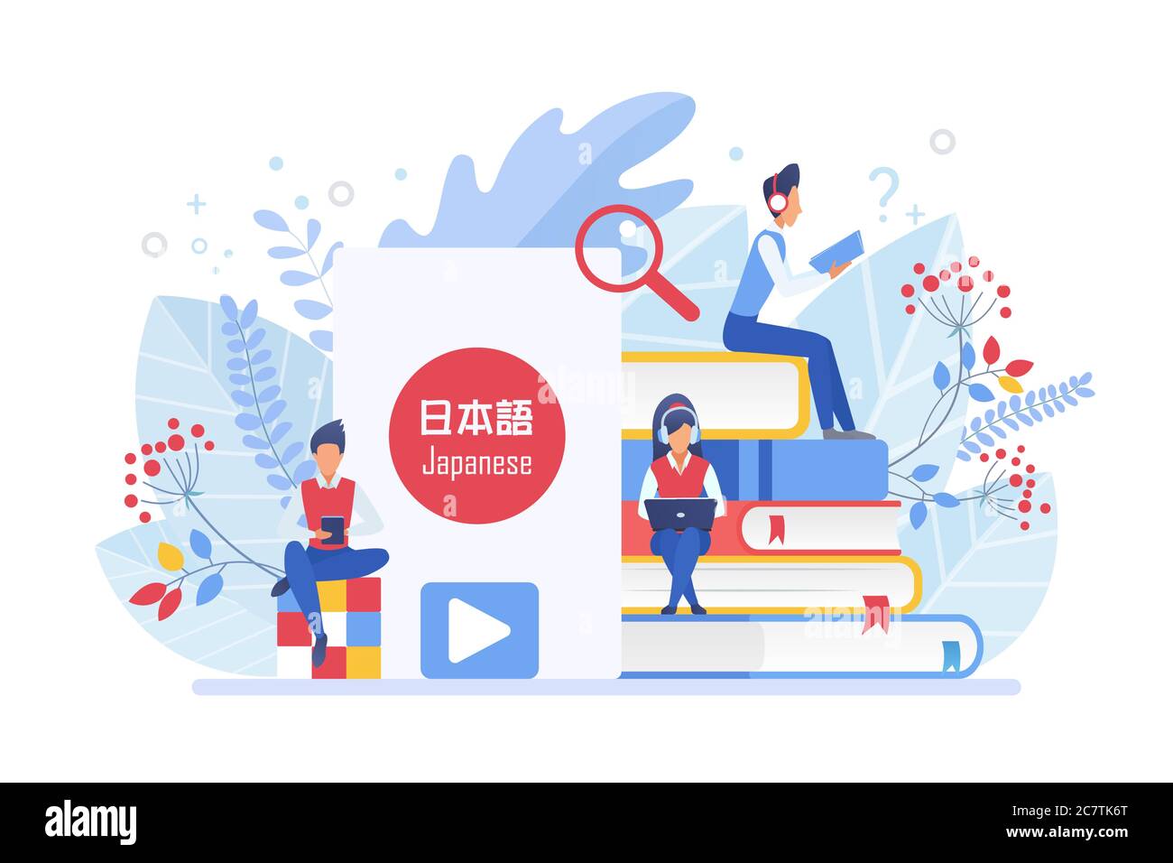 Online-Sprachkurse flache Vektor-Illustration. Fernunterricht, Fernschule, Japan Universitätsunterricht. Japanische Sprache Internet-Klasse, e Lernen isoliert Clipart auf weißem Hintergrund Stock Vektor