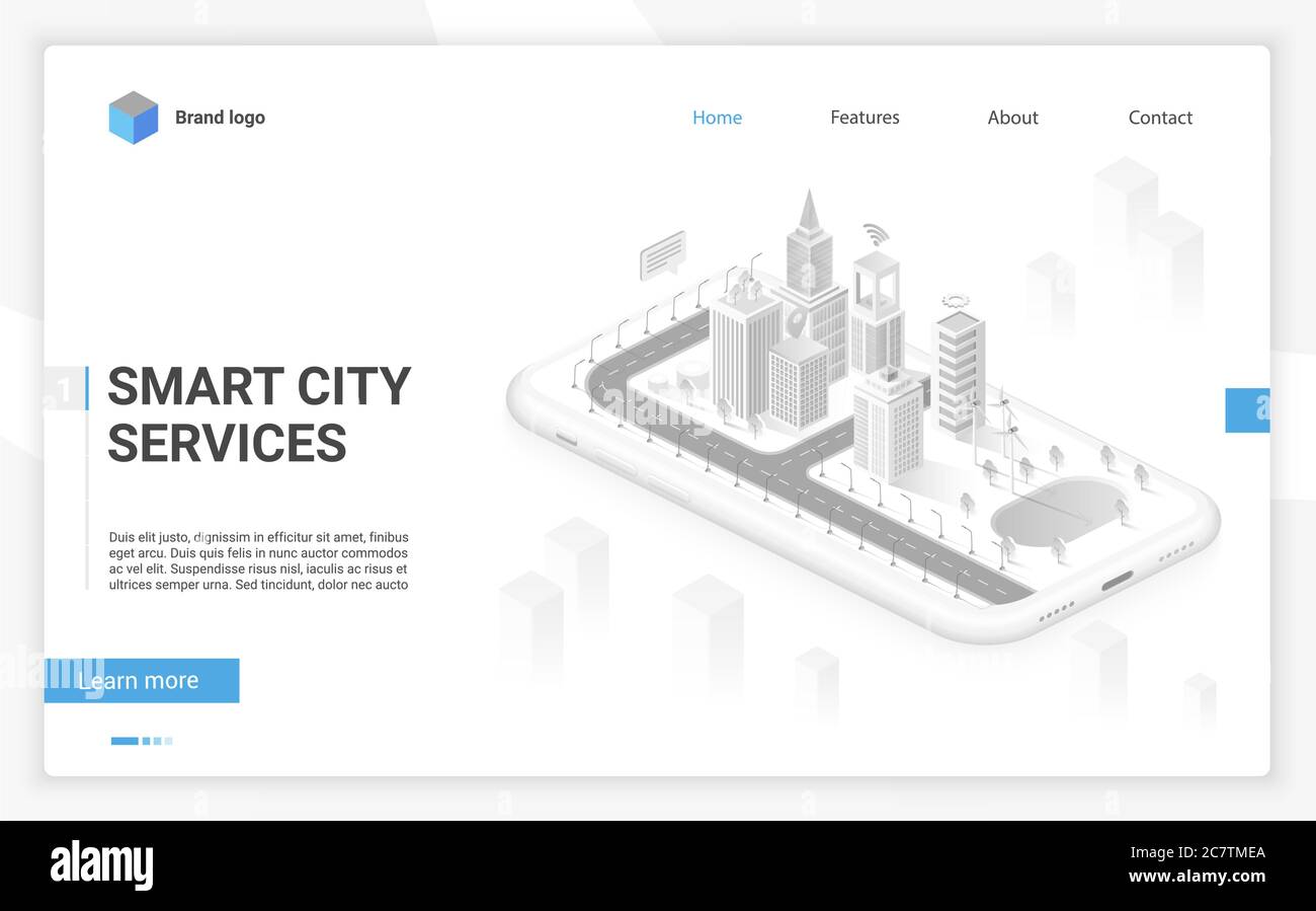 Smart City Hologramm auf Smartphone-Bildschirm mit Smart-Services und Icons, Internet der Dinge, Business-Netzwerk und Augmented Reality isometrische Website-Vorlage Layout Konzept Vektor Illustration Stock Vektor