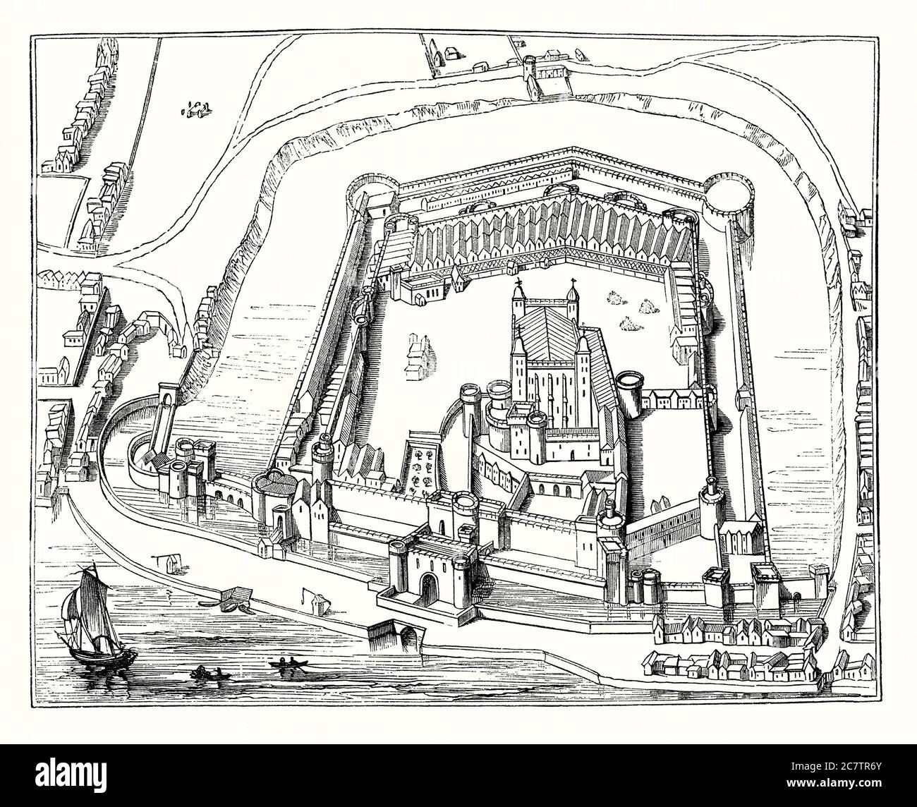 Ein alter Stich zeigt einen Plan des Tower of London, London, England, UK c. 1600. Es ist ein historisches Schloss am Nordufer der Themse im Zentrum von London. Es wurde Ende 1066 als Teil der normannischen Eroberung Englands gegründet. Der zentrale Weiße Turm wurde 1078 von Wilhelm dem Eroberer erbaut. Ein großer Palast früh in seiner Geschichte, war es eine königliche Residenz. Der Turm ist ein Komplex von mehreren Gebäuden, die in zwei konzentrischen Ringen von Verteidigungsmauern und einem Graben. Es gab mehrere Phasen der Expansion, vor allem im 12. Und 13. Jahrhundert. Das allgemeine Layout bleibt erhalten. Stockfoto