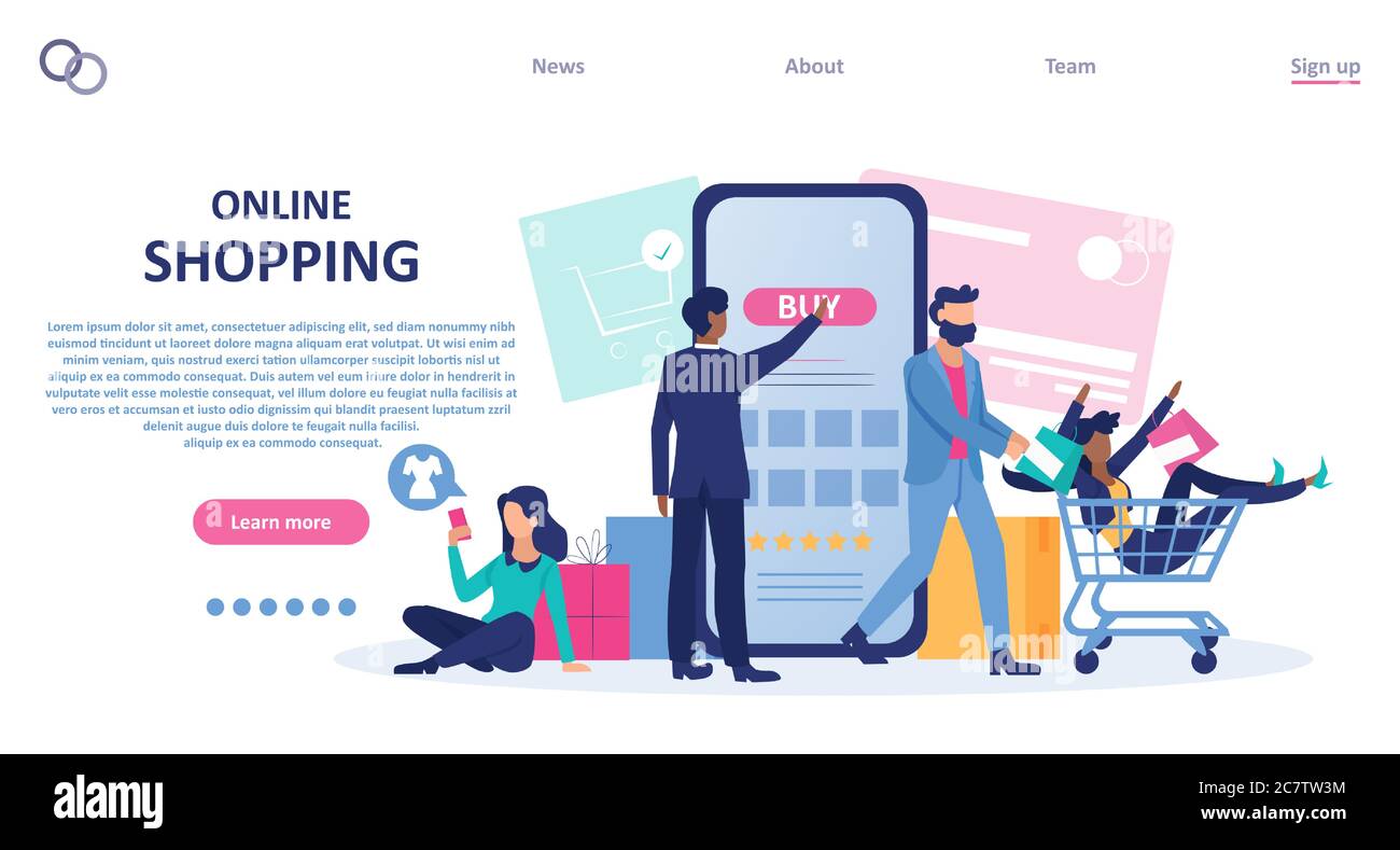 Vektor der glücklichen Kunden mit Handy-App-Shopping online Stock Vektor