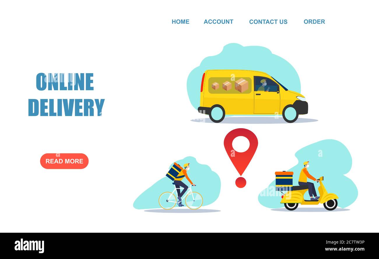 Online-Delivery-Service-Konzept. Vektor eines LKW, Roller und Fahrrad Kurier, Lieferung Männer tragen Gesichtsmaske Stock Vektor
