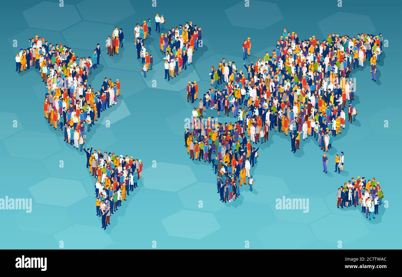 Vektor einer großen Gruppe von verschiedenen Menschen aus verschiedenen Ländern auf einer Weltkarte stehen Stock Vektor