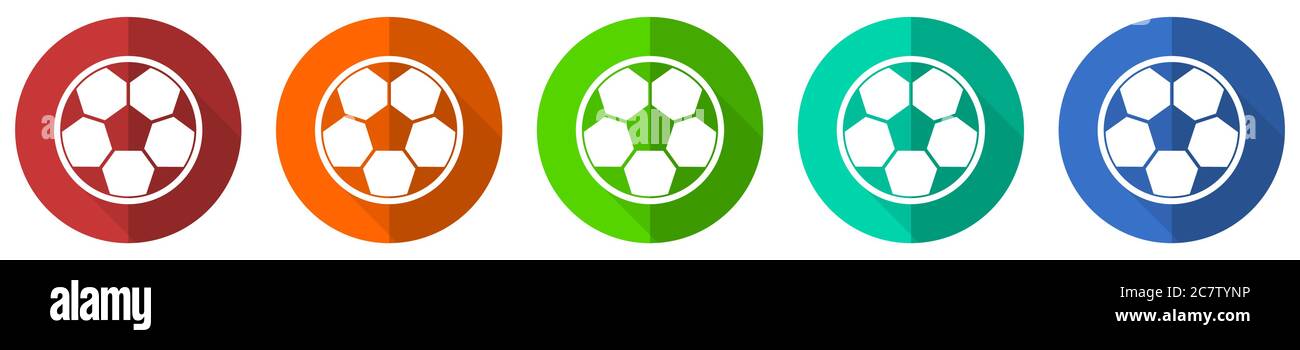 Fußball-Symbol-Set, rot, blau, grün und orange flache Design Web-Tasten isoliert auf weißem Hintergrund, Vektor-Illustration Stock Vektor