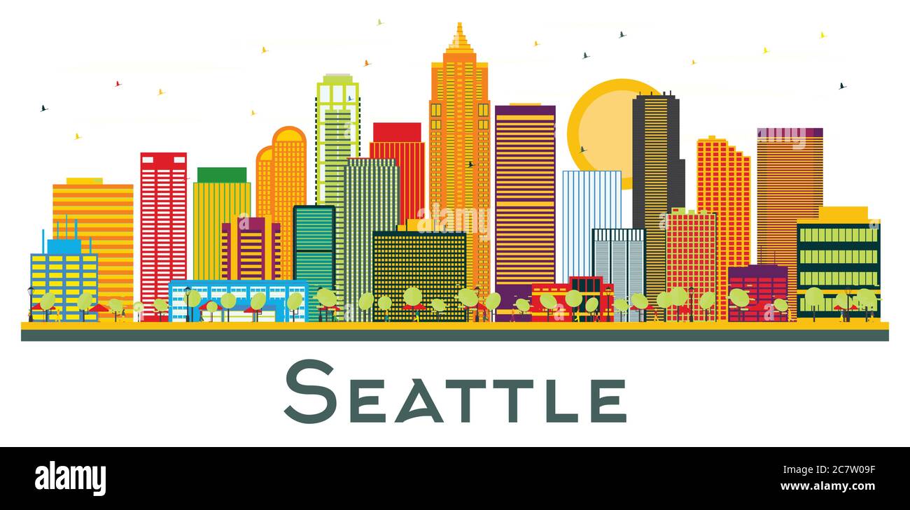 Skyline von Seattle, Washington City, mit farbigen Gebäuden auf Weiß isoliert. Vektorgrafik. Stock Vektor