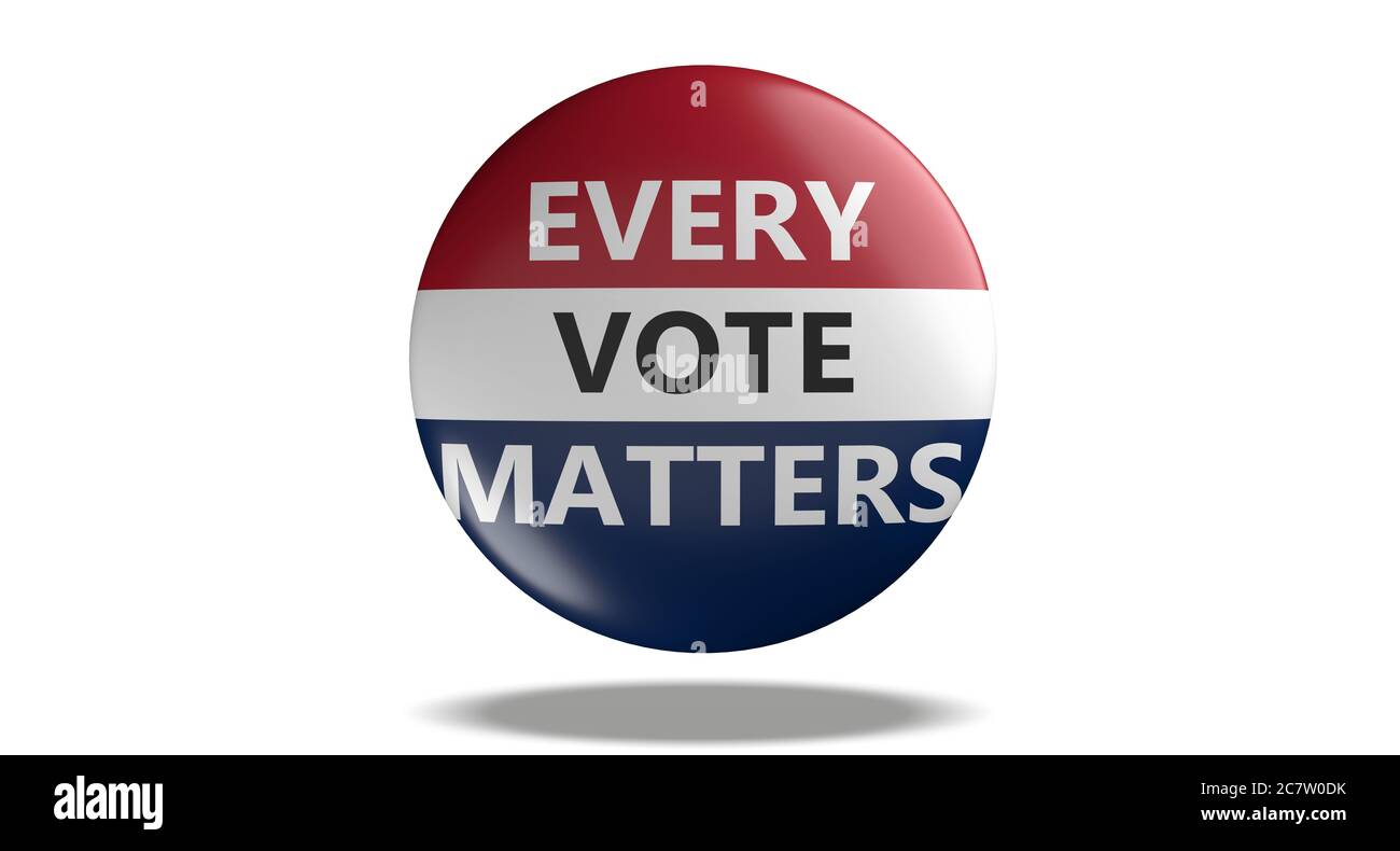 USA Wahlen Abzeichen, Taste, JEDE STIMME ZÄHLT Textnachricht auf amerikanische Flagge Farben Pin isoliert auf weißem Hintergrund. 3d-Illustration Stockfoto USA Wahlen Abzeichen, Taste, JEDE STIMME ZÄHLT Textnachricht auf amerikanische Flagge Farben Pin isoliert auf weißem Hintergrund. 3d-Illustration Stockfoto