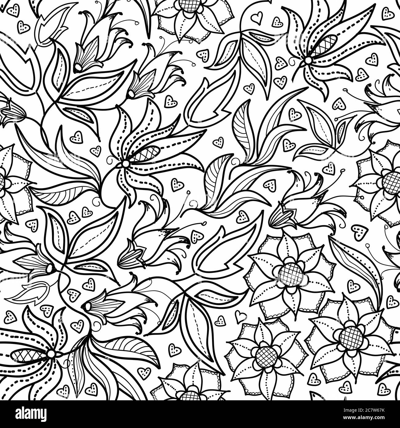 Nahtlose floralen Hintergrund in Doodle-Stil mit Blumen. Blätter und Vögel. Malbuch Seite. Vektor handgezeichnetes Muster in schwarz und weiß. Stock Vektor