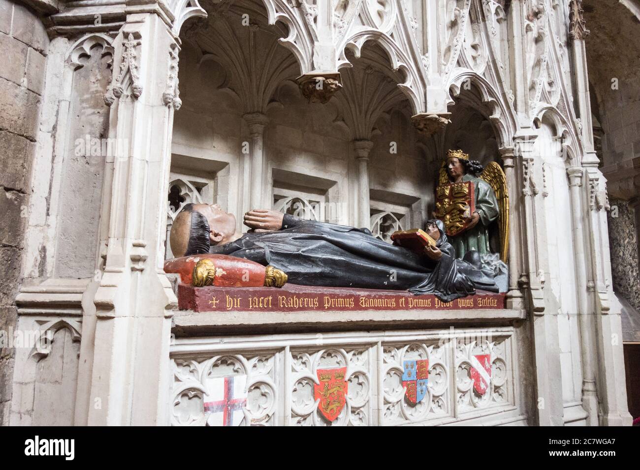 Das Grab von Rahere in der Prioratenkirche St. Bartholomew der große, Cloth Fair, West Smithfield, London, EC1, UK Stockfoto