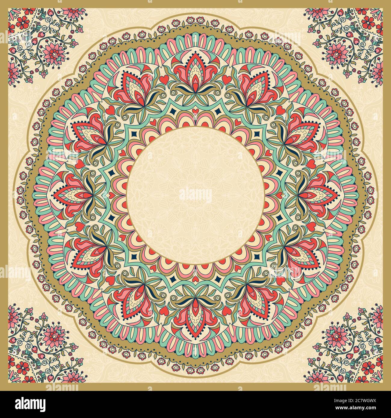 Nahtlos bunte Blumen handgezeichnete Muster mit Mandala. Rundes Ornament in Retro-Farben. Traditionelles orientalisches Muster, Vektorgrafik Stock Vektor