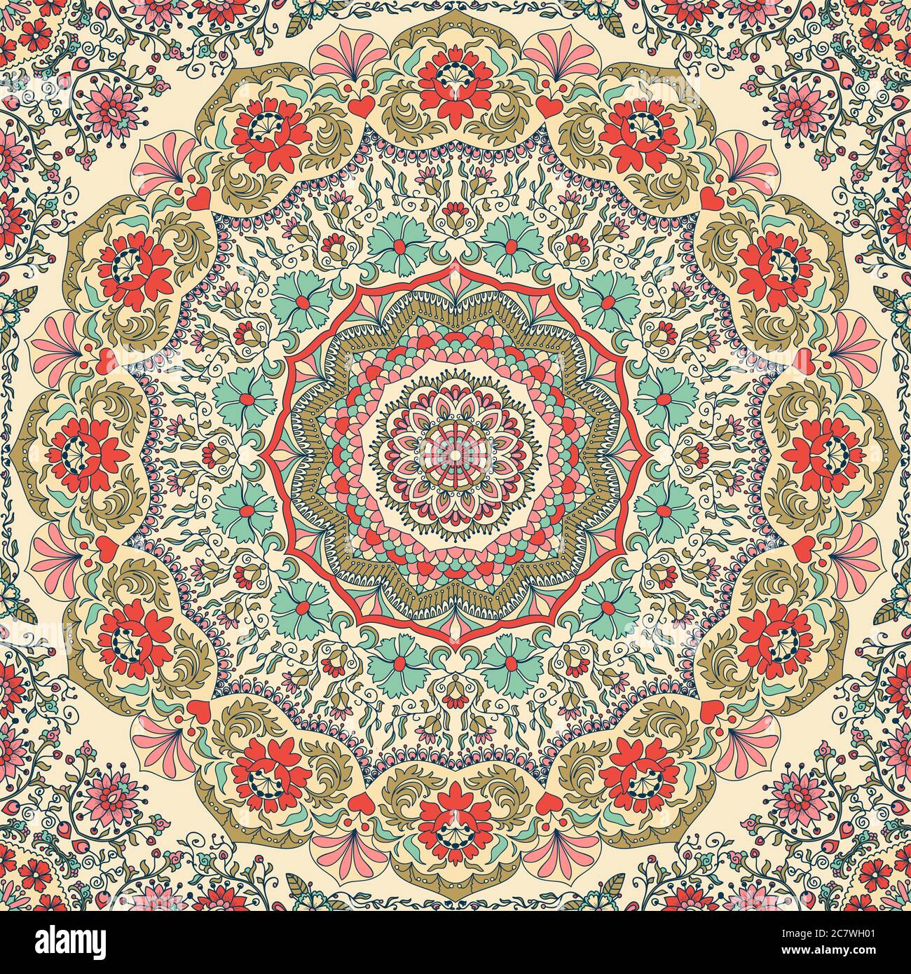Nahtlos bunte Blumen handgezeichnete Muster mit Mandala. Rundes Ornament in Retro-Farben. Traditionelles orientalisches Muster, Vektorgrafik Stock Vektor