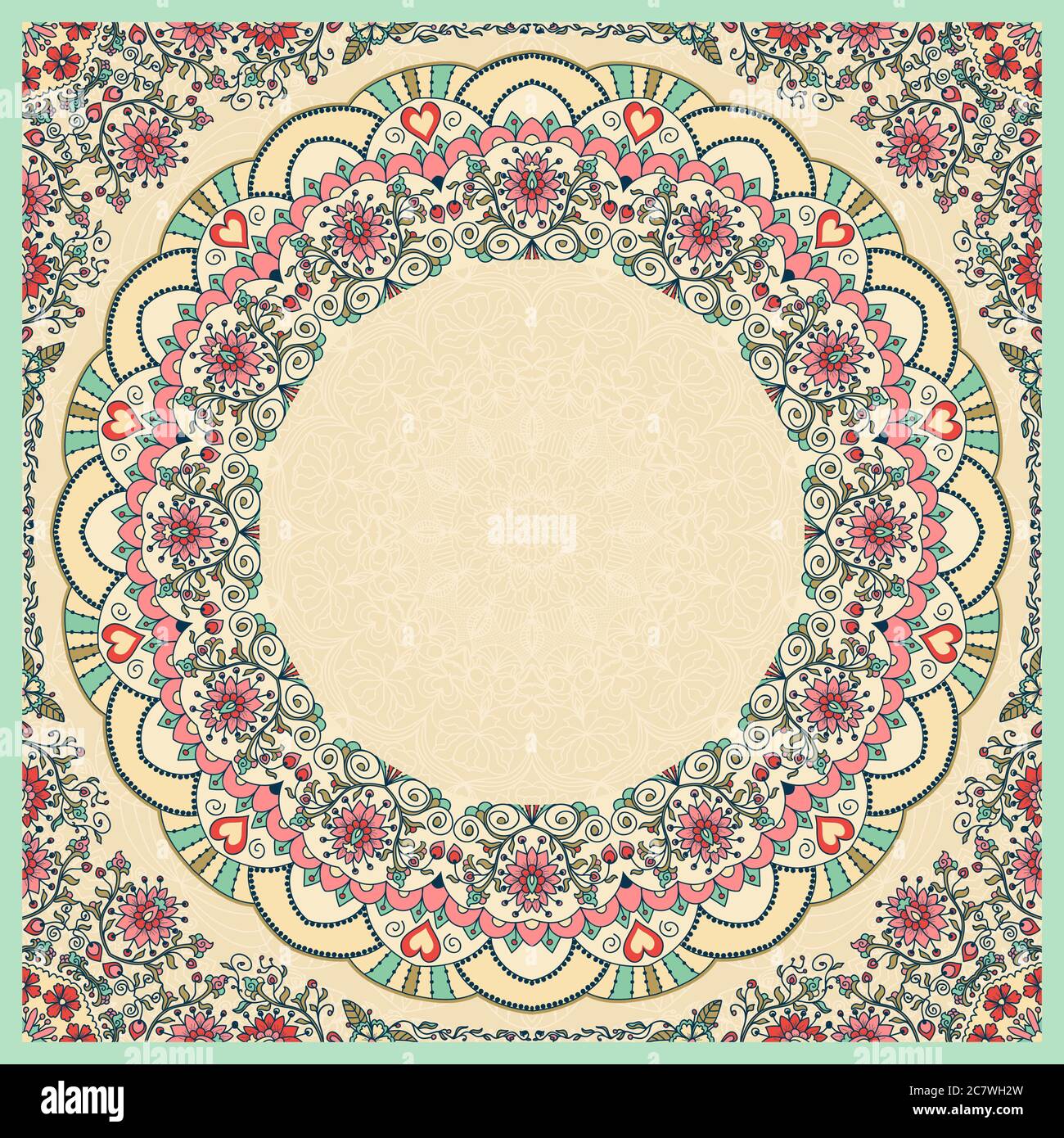 Nahtlos bunte Blumen handgezeichnete Muster mit Mandala. Rundes Ornament in Retro-Farben. Traditionelles orientalisches Muster, Vektorgrafik Stock Vektor