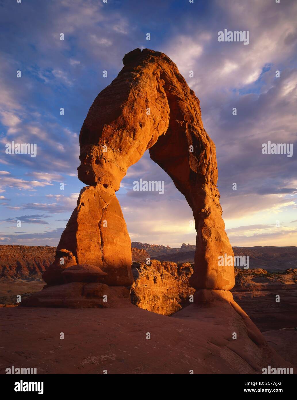 Arches National Park, Utah / JULI spätes aftenoon Licht wärmt filigrane Arch unter einem Himmel gefüllt mit Altocumulus Wolken. Stockfoto