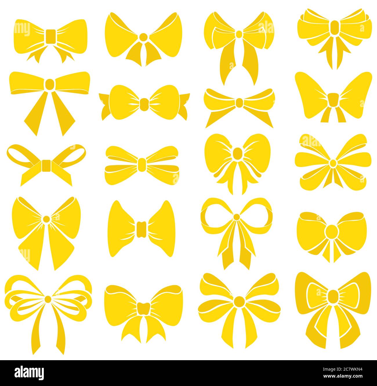 Set von grafischen gelben Schleifen. Vektorsillouetten. Cartoon Vektor Gold Bänder Satin Schleifen für Weihnachtsgeschenke, Geschenkkarten und Luxus Wrap Pack isoliert Stock Vektor