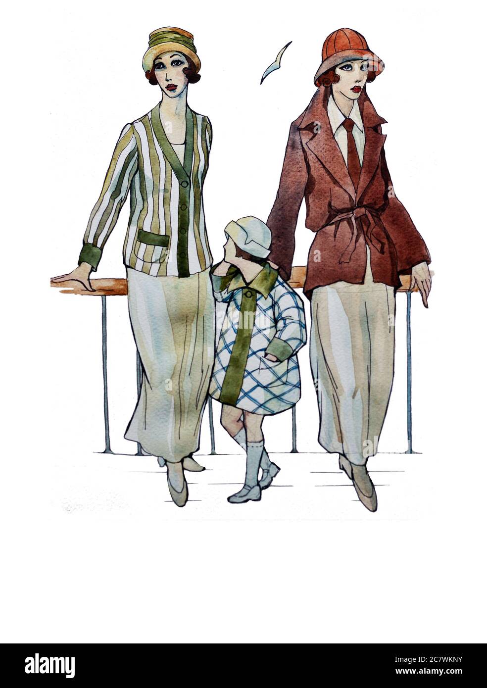Aquarell Retro stlyle Illustration von zwei Frauen mit kleinen Mädchen am Meer, gekleidet in 20-th Kleidung Stockfoto