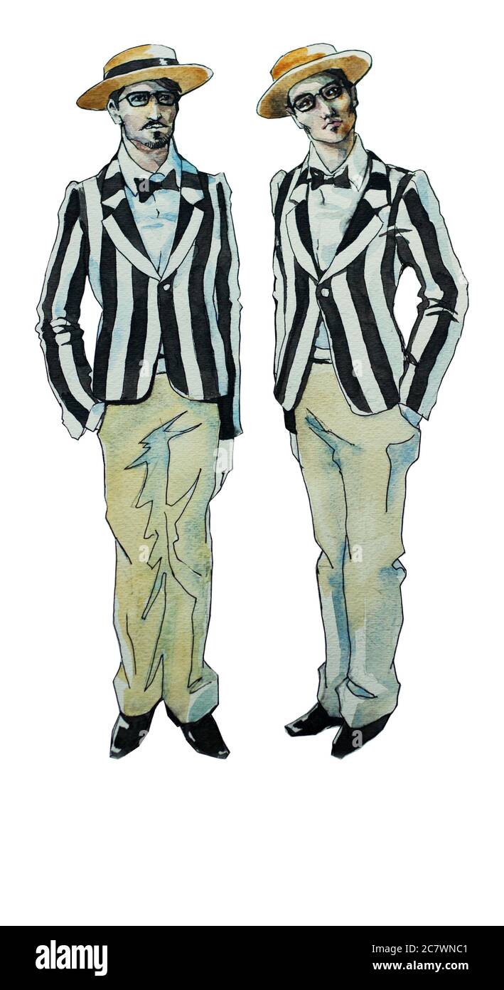 Aquarell Retro Illustration Zwillinge Brüder in ähnlichen Outfits wie Stroh Canotier und gestreiften Jacken, ardt Deco-Stil Stockfoto